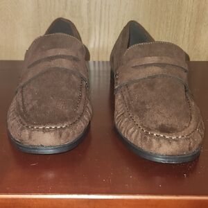 ASOS MINNIE RUCHED DETAIL LOAFER IN BROWN SUEDETTE SIZE 6 UK, SIZE 8 US WOMENS